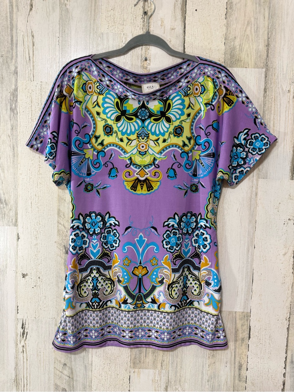 ECI Purple Multi-Pattern Short Sleeve Blouse